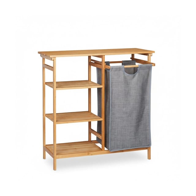Badregal mit Wäschekorb, Bambus, 4 Ablagen, entnehmbarer Wäschesammler, hbt: 80,5 x 80 x 33,5 cm, natur/grau - Relaxdays