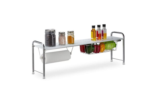 Relaxdays - Spülbeckenregal mit Küchenrollenhalter, Küchenregal mit Korb, Metall, h x b x t: 32 x 94 x 23 cm, weiß/silber