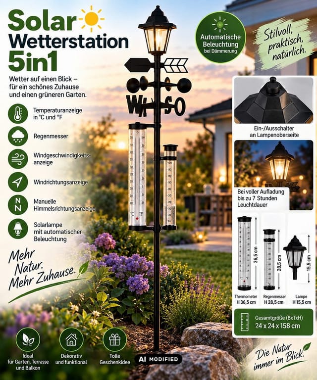 Solar Wetterstation 5in1 Mit Solarlampe Garten Thermometer Wetter Station