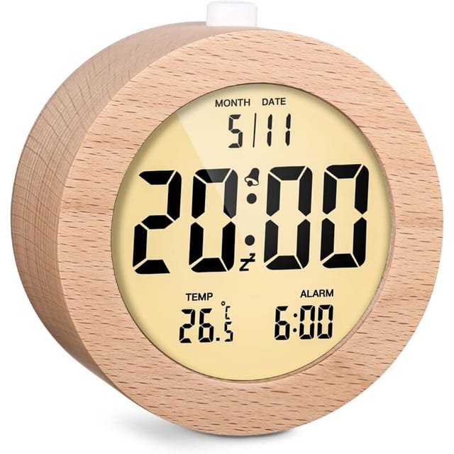 Runde digitale LCD-Uhr aus Holz mit Datumsanzeige, Temperaturanzeige, Hintergrundbeleuchtung, Schlummerfunktion und Wecker.