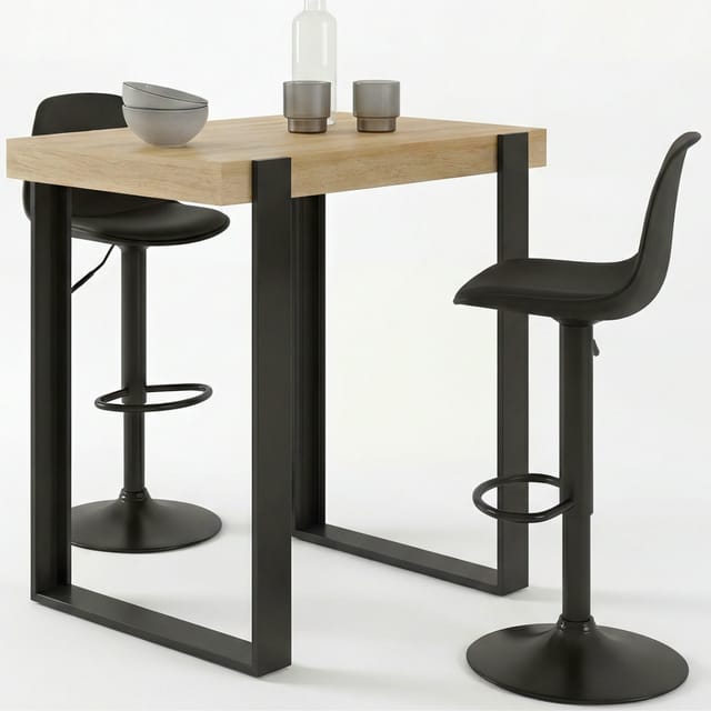 Set Bartisch PHOENIX aus Holz und Schwarz und 2 Hocker KARL schwarz Fuß schwarz