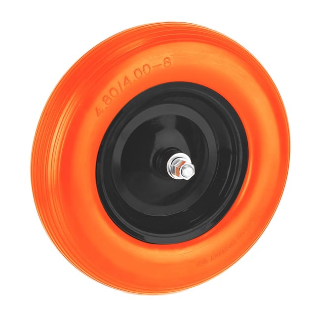 Relaxdays Schubkarrenrad 16x4.00-8, Vollgummirad bis 200 kg, Stahlfelge & Achse, Ersatzrad Schubkarre, schwarz-orange