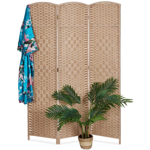 Relaxdays Paravent Raumteiler, HxB: 170 x 120 cm, faltbarer Raumtrenner, 3-teiliger Sichtschutz, Holz, Papierseil, natur