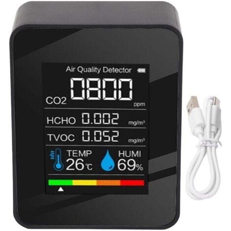 5-in-1 Luftqualitätsmonitor, Multifunktionaler Co2-, Tvoc-, Hcho-detektor, Temperatur- Und Feuchtigkeitsmesser Mit Farb-lcd-bildschirm Und Alarmfunktion