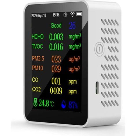 9-in-1 Tragbares Luftqualitätsmessgerät, Pm2,5, Pm10, Co, Co2, Tvoc, Hcho, Aqi, Temperatur Und Luftfeuchtigkeit, Farbbildschirm, Kohlendioxiddetektor Mit Datums- Und Zeitanzeige,