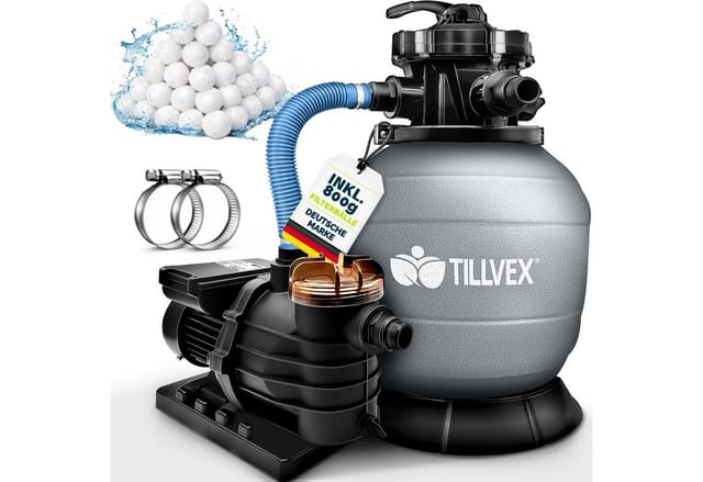 Sandfilteranlage Pool 10 m³/h inkl. 800g Filterbälle grau Filteranlage 7-Wege Ventil & 2in1 Adapter Ø32mm - 38mm Poolfilter mit Druckanzeige