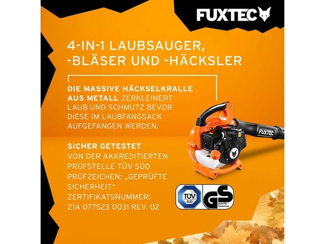 Benzin Laubsauger 4in1 FX-LBS126 2-Takt Laubbläser & Laubhäcksler inkl. 2Blasrohre & 45l Fangsack – getestet Oberklasse 1,4 – Blasgeschwindigkeit 71