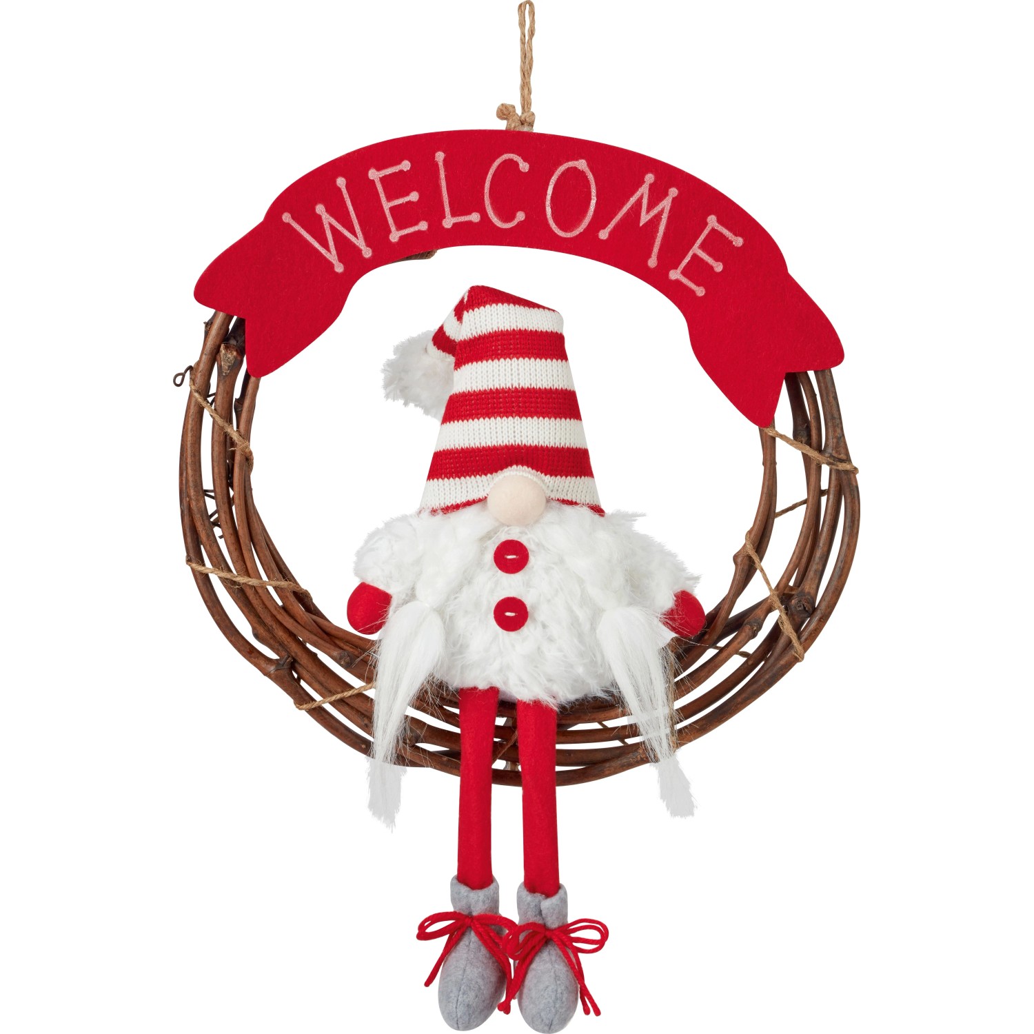 OBI Weihnachtskranz Rattan Wichtel Rot Weiß 35,5 cm x 47 cm x 6 cm