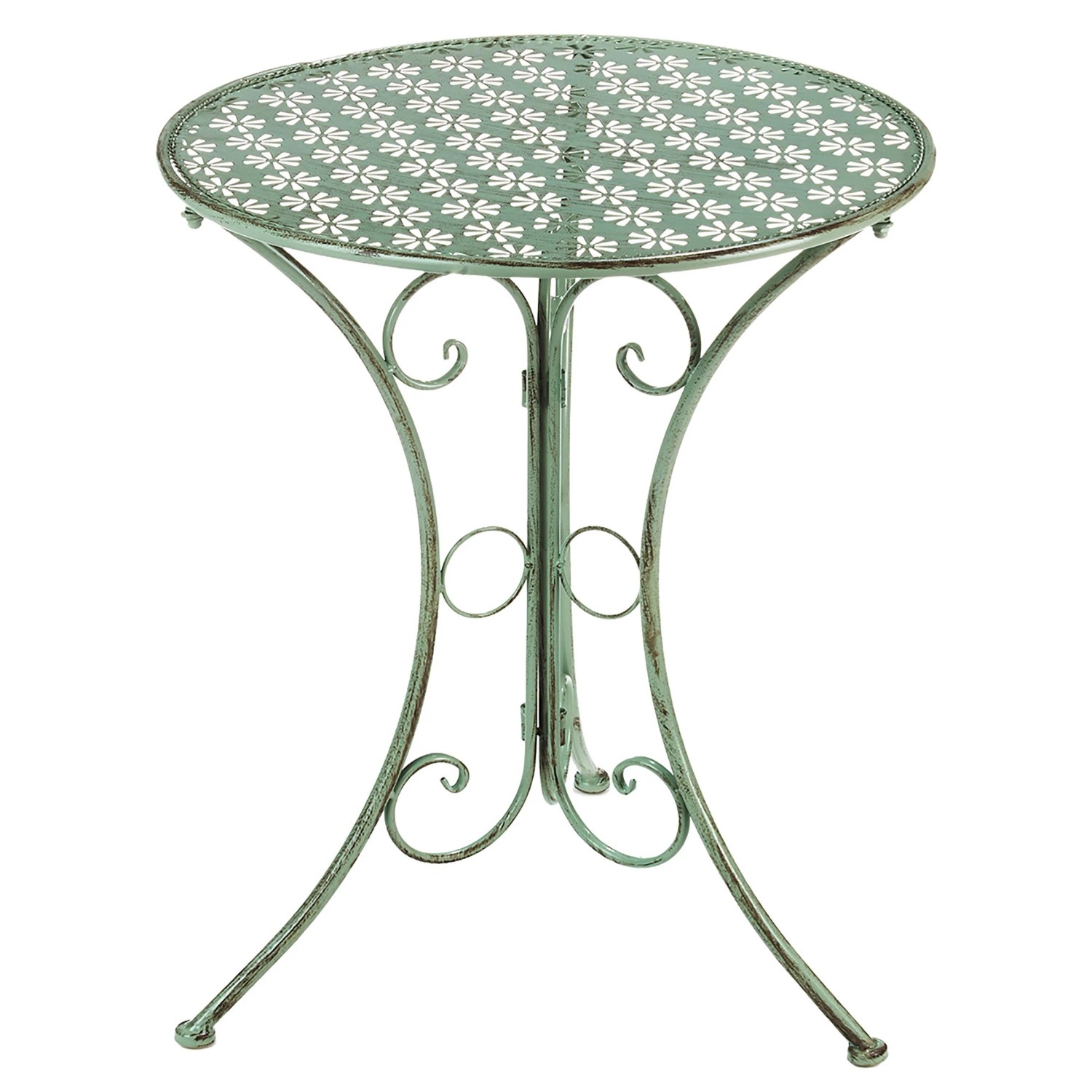 Kobolo Gartentisch Tisch Metall Antique Green Stanzungen Blumenoptik 60cm