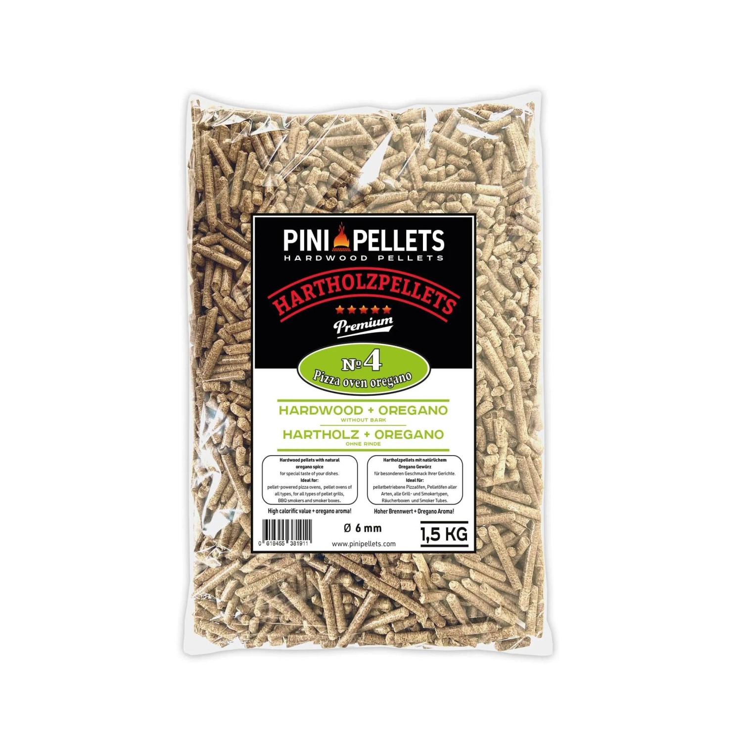 PINI Hartholz Pellets 1,5 kg BBQ Pizza Oven Oregano № 4 Grillpellets zum Grillen Räuchern Smoken und für Pizzaofen