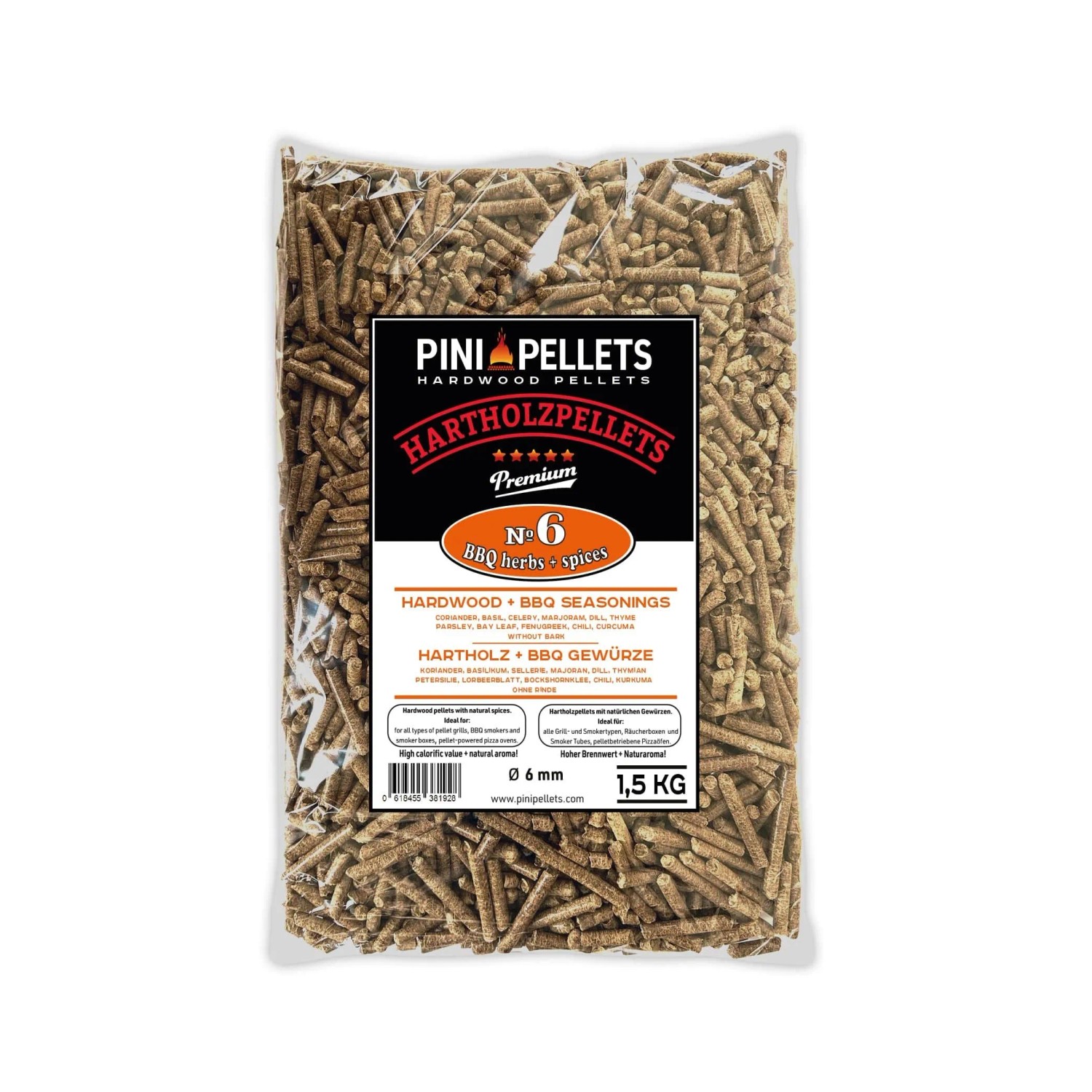 PINI Hartholz Pellets 1,5 Kg mit Gewürzen № 6 BBQ Gewürze zum Grillen Räuchern Smoken