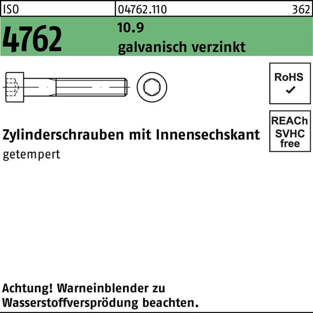 Iso 4762 Zylinderschrauben 10.9 m 12 x 30 galvanisch verzinkt A2F, getempert gal Zn s 100 Stk