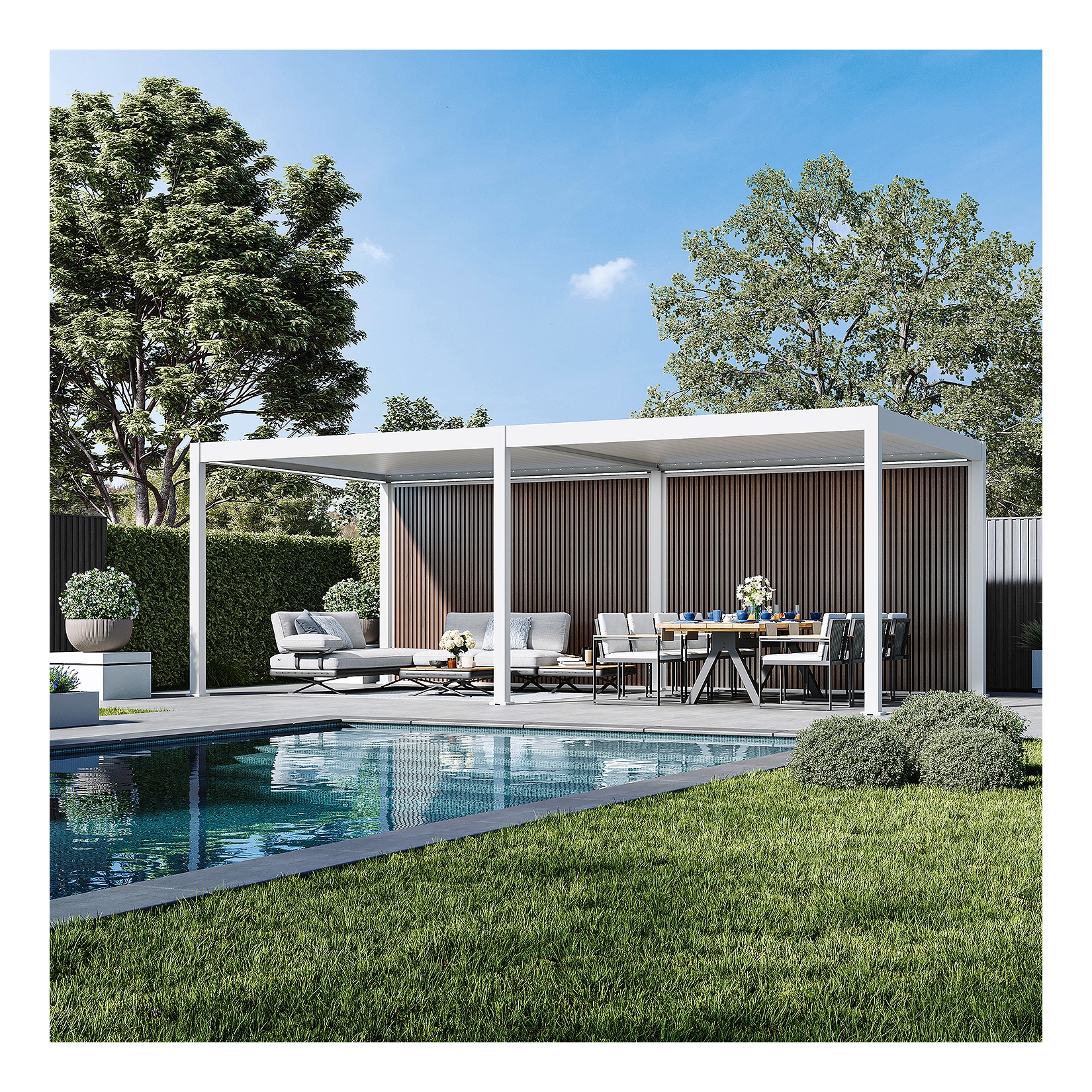 Weide Sichtschutzwand Holzoptik (Teak) – Pergola Seitenwand Lamellen & Windschutzweiß 3.6 M