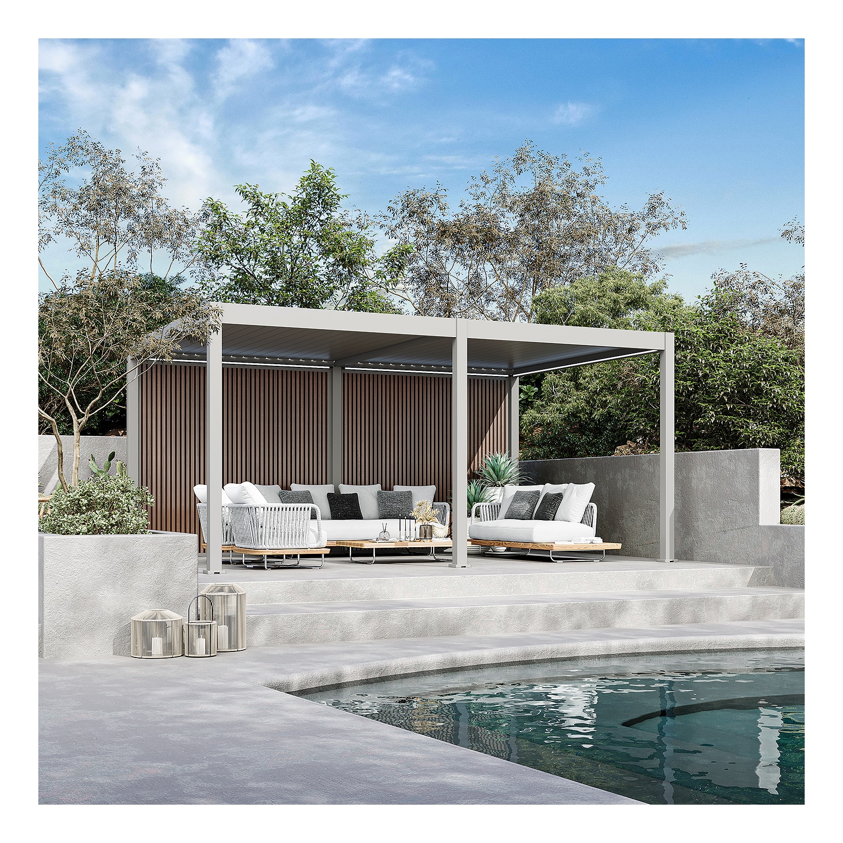 Weide Sichtschutzwand Holzoptik (Teak) – Pergola Seitenwand Lamellen & Windschutzsand 2.65 M