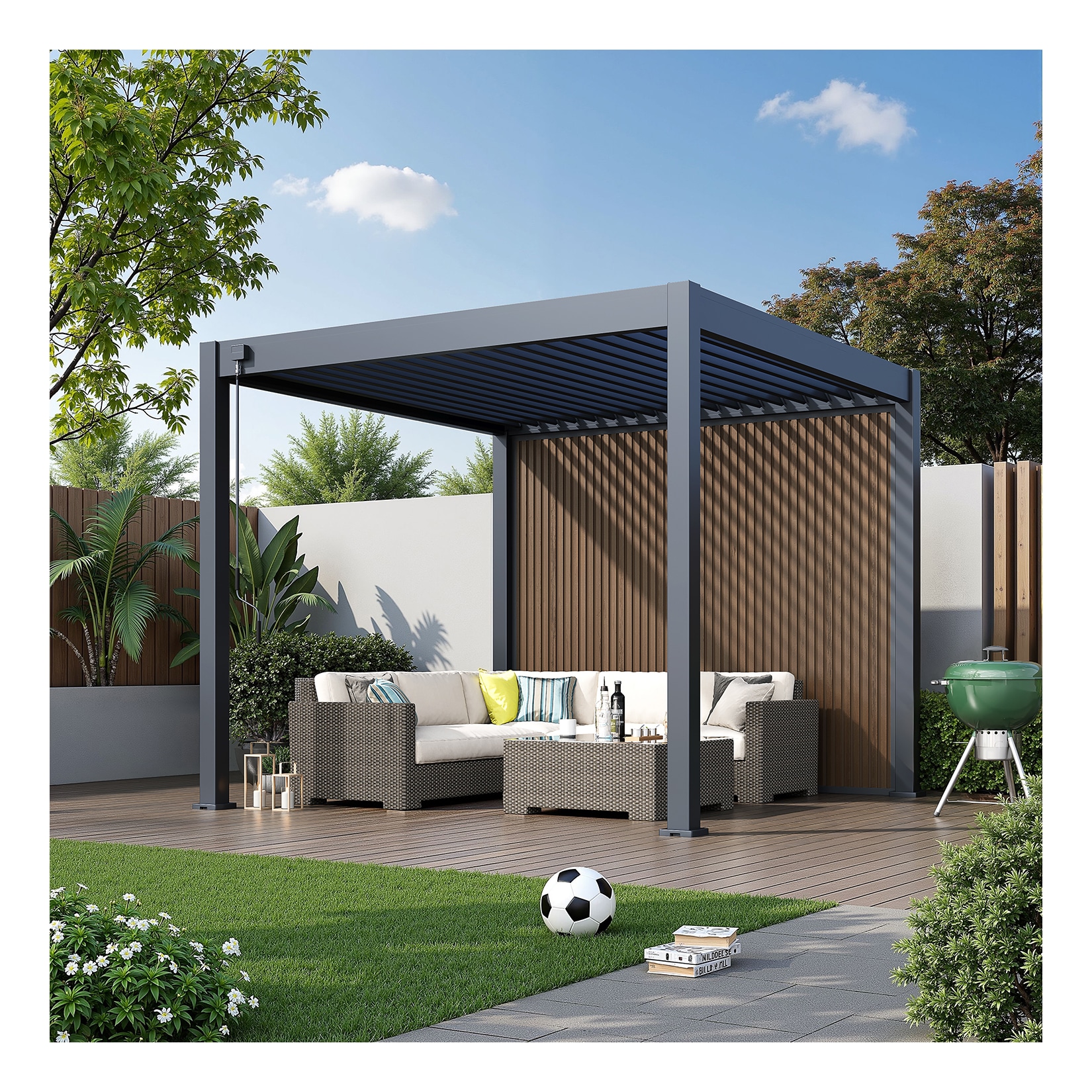 Weide Sichtschutzwand Holzoptik (Teak) – Pergola Seitenwand Lamellen & Windschutzanthrazit 3.0 M