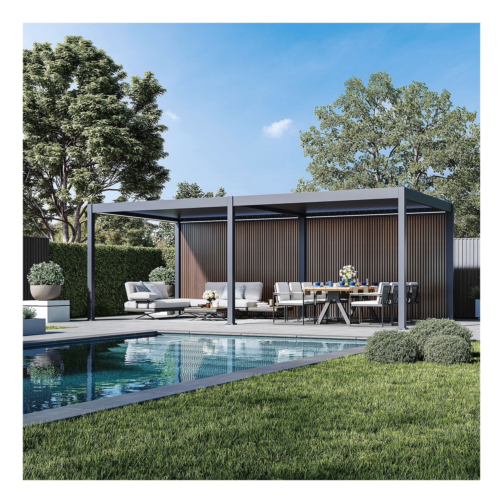 Weide Sichtschutzwand Holzoptik (Teak) – Pergola Seitenwand Lamellen & Windschutzanthrazit 3.6 M