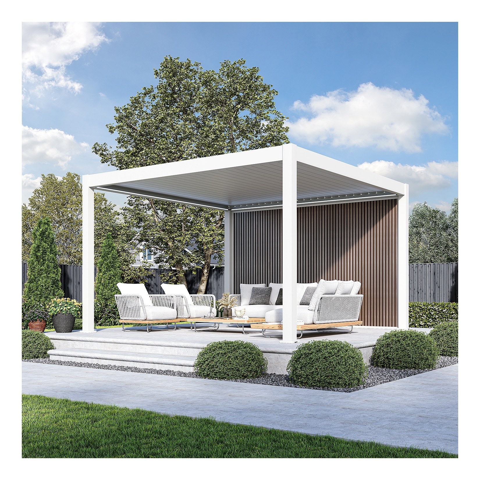 Weide Sichtschutzwand Holzoptik (Teak) – Pergola Seitenwand Lamellen & Windschutzweiß 4.0 M