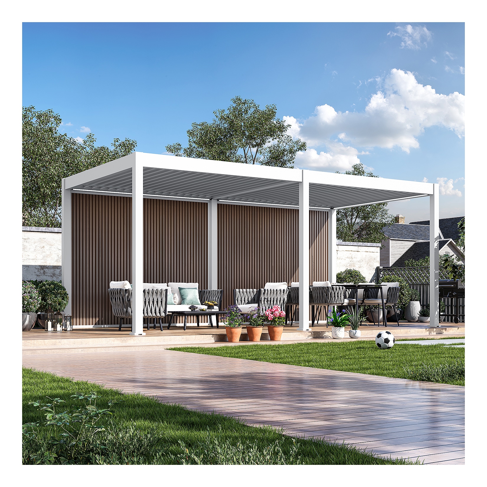 Weide Sichtschutzwand Holzoptik (Teak) – Pergola Seitenwand Lamellen & Windschutzweiß 3.0 M