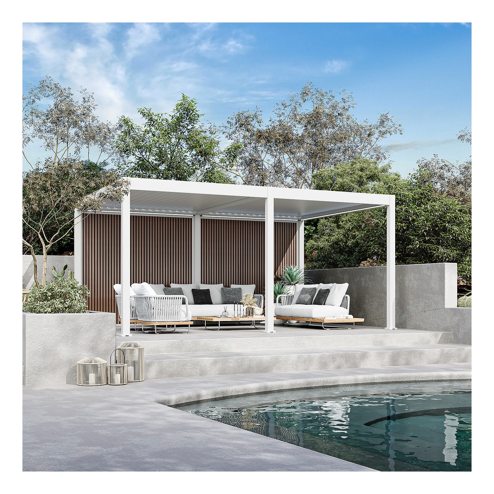 Weide Sichtschutzwand Holzoptik (Teak) – Pergola Seitenwand Lamellen & Windschutzweiß 2.65 M