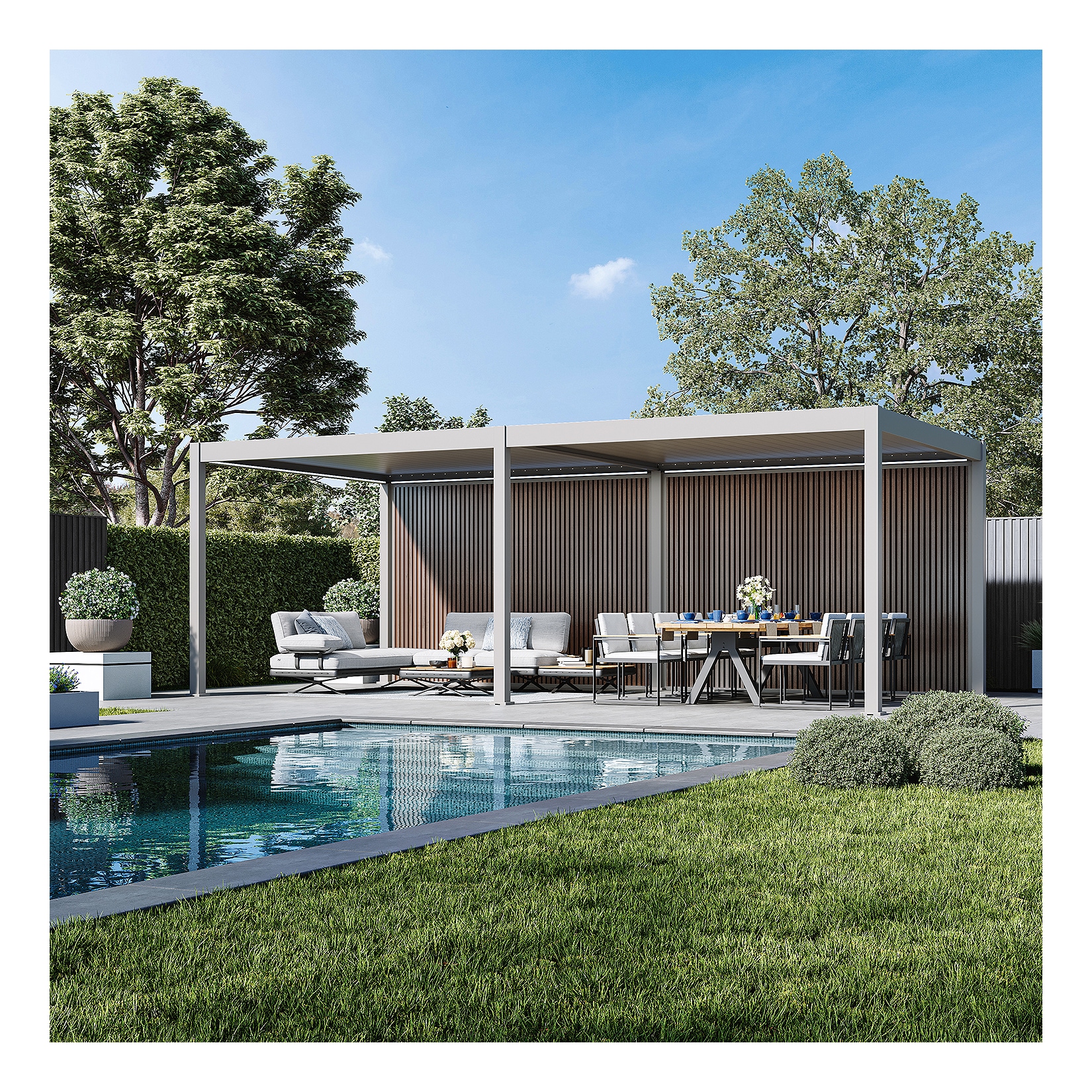 Weide Sichtschutzwand Holzoptik (Teak) – Pergola Seitenwand Lamellen & Windschutzsand 3.6 M