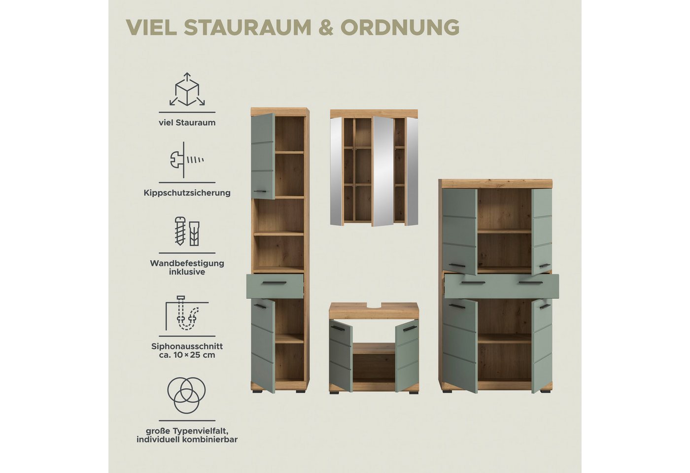 welltime Badmöbel-Set SIENA, 4 teilig, bestehend aus:, (Set, 4-St., TOPSELLER), Hochschrank, Waschbeckenunterschrank, Spiegelschrank, Midischrank
