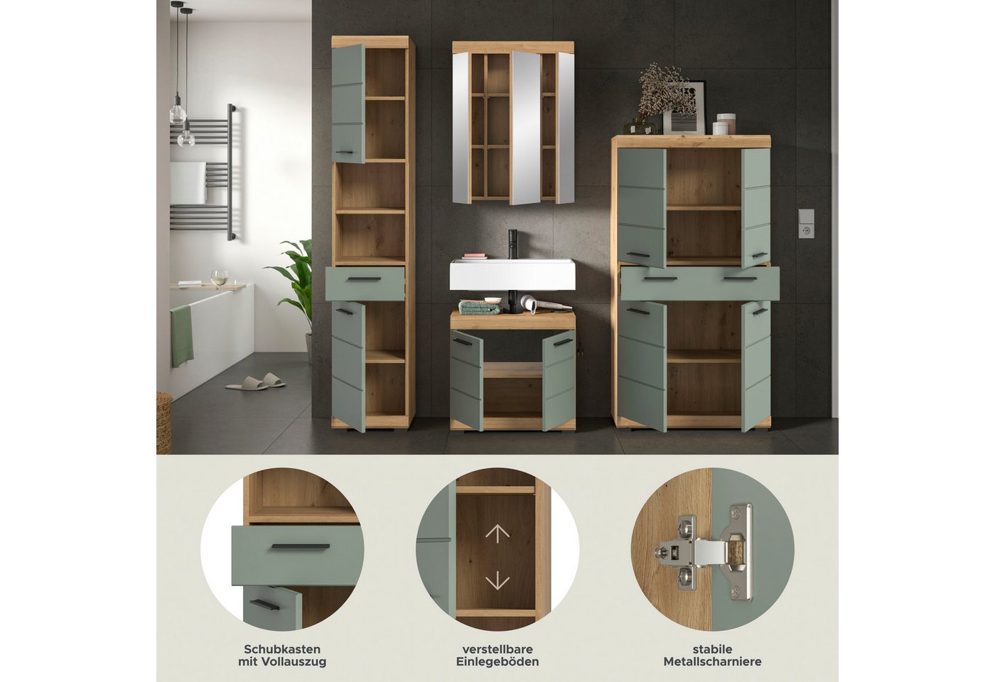 welltime Badmöbel-Set SIENA, 4 teilig, bestehend aus:, (Set, 4-St., TOPSELLER), Hochschrank, Waschbeckenunterschrank, Spiegelschrank, Midischrank Bild 2