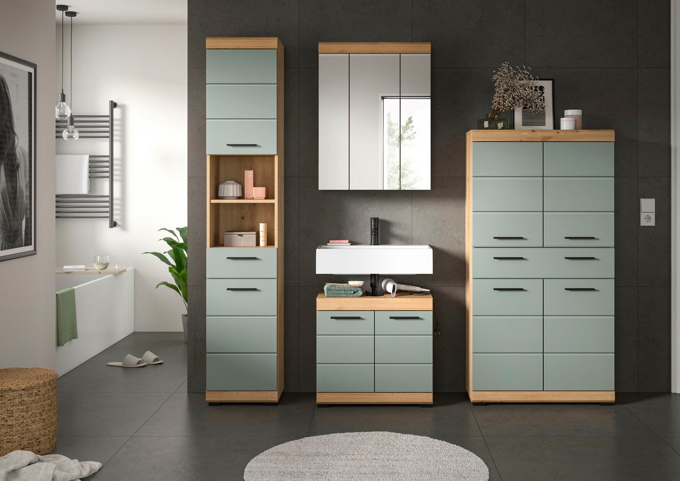 welltime Badmöbel-Set SIENA, 4 teilig, bestehend aus:, (Set, 4-St., TOPSELLER), Hochschrank, Waschbeckenunterschrank, Spiegelschrank, Midischrank Bild 4
