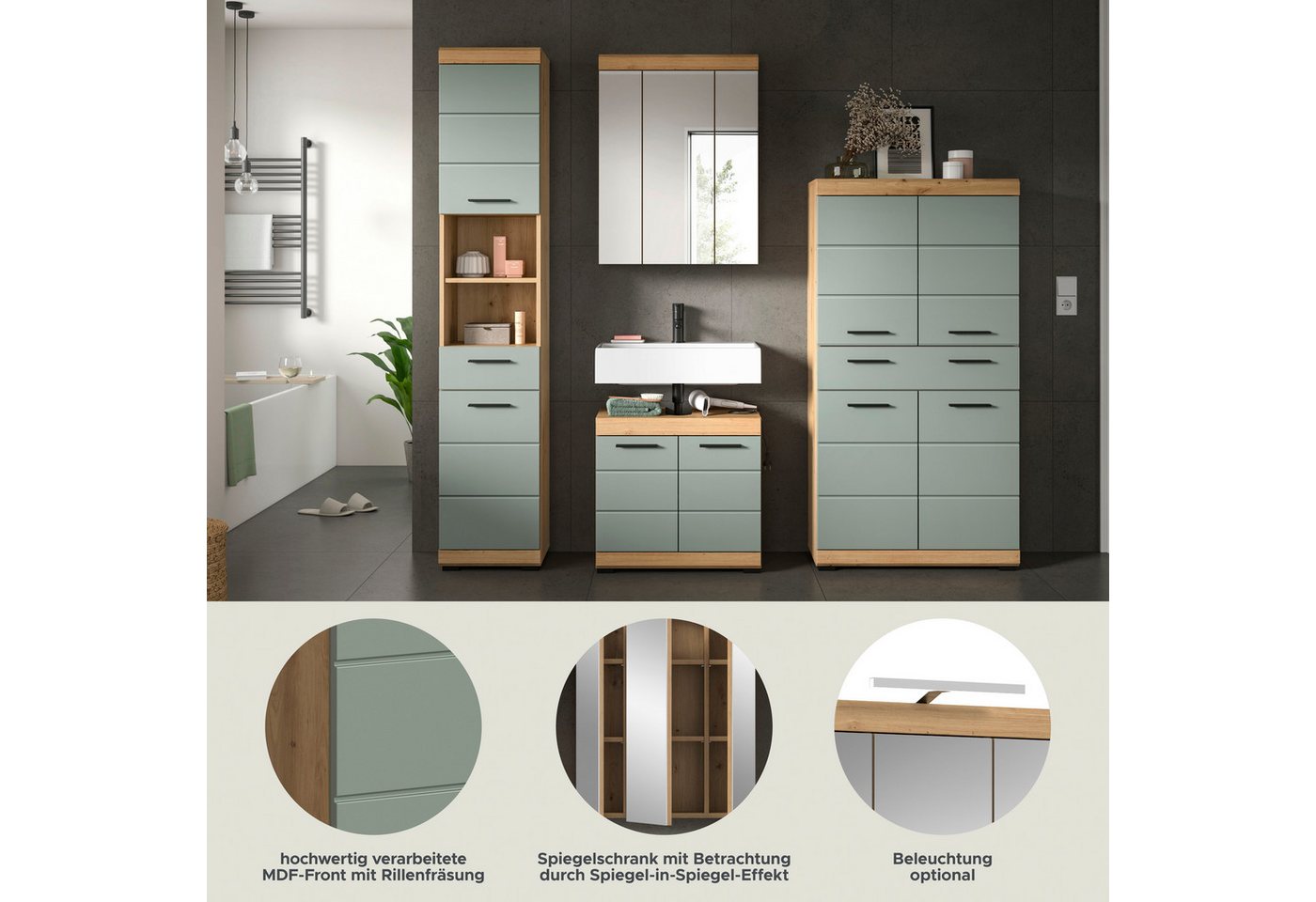 welltime Badmöbel-Set SIENA, 4 teilig, bestehend aus:, (Set, 4-St., TOPSELLER), Hochschrank, Waschbeckenunterschrank, Spiegelschrank, Midischrank Bild 5