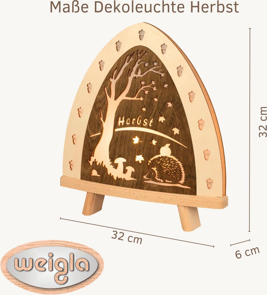 Weigla LED Dekolicht Herbst, Tischleuchte aus Holz, NATUR-BRAUN, Made in Germany, LED wechselbar, Erzgebirge garantiert, Herbstdeko innen, Tischlampe