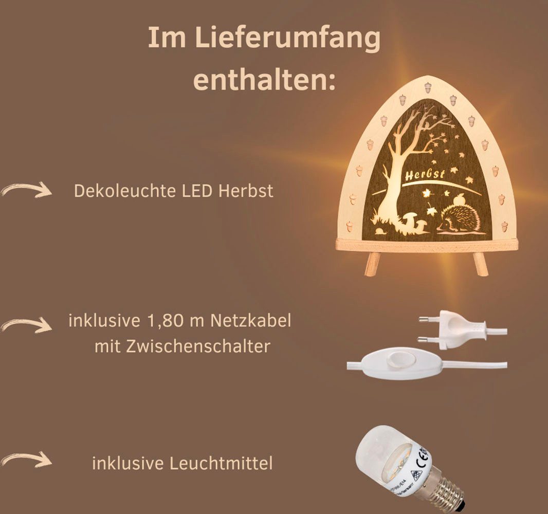 Weigla LED Dekolicht Herbst, Tischleuchte aus Holz, NATUR-BRAUN, Made in Germany, LED wechselbar, Erzgebirge garantiert, Herbstdeko innen, Tischlampe Bild 2
