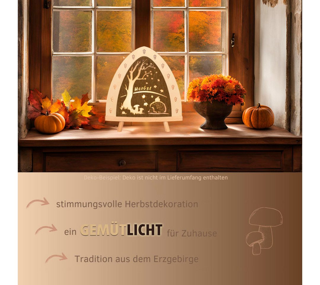 Weigla LED Dekolicht Herbst, Tischleuchte aus Holz, NATUR-BRAUN, Made in Germany, LED wechselbar, Erzgebirge garantiert, Herbstdeko innen, Tischlampe Bild 4