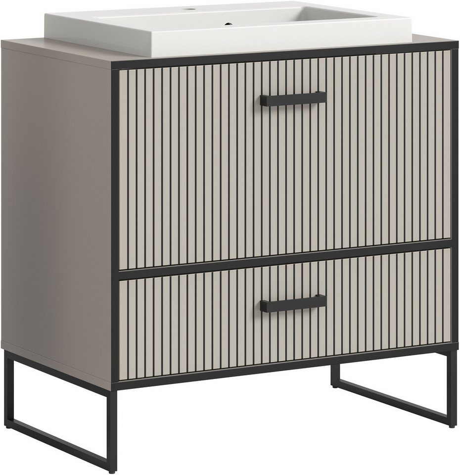 welltime Waschbeckenunterschrank Locri, Höhe 84 cm, Rillenoptik, Metallkufen (2-St) Aufsatzwaschbecken, modernes Design, Unterschrank, Badschrank, Bad Bild 3