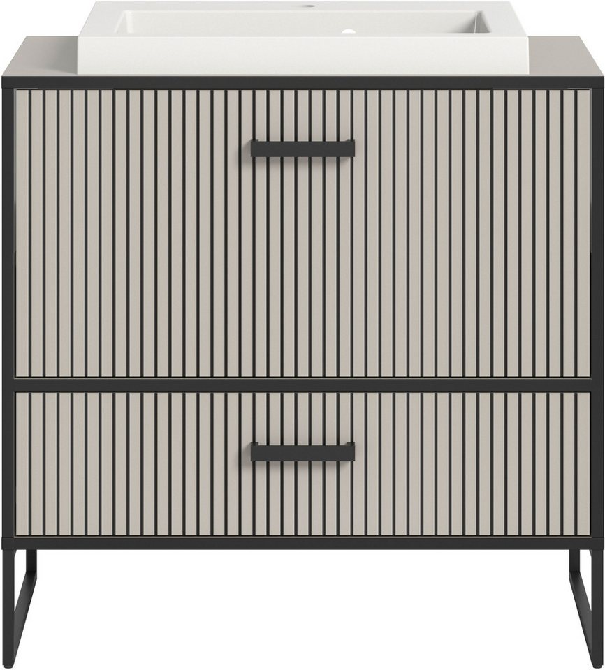 welltime Waschbeckenunterschrank Locri, Höhe 84 cm, Rillenoptik, Metallkufen (2-St) Aufsatzwaschbecken, modernes Design, Unterschrank, Badschrank, Bad Bild 4