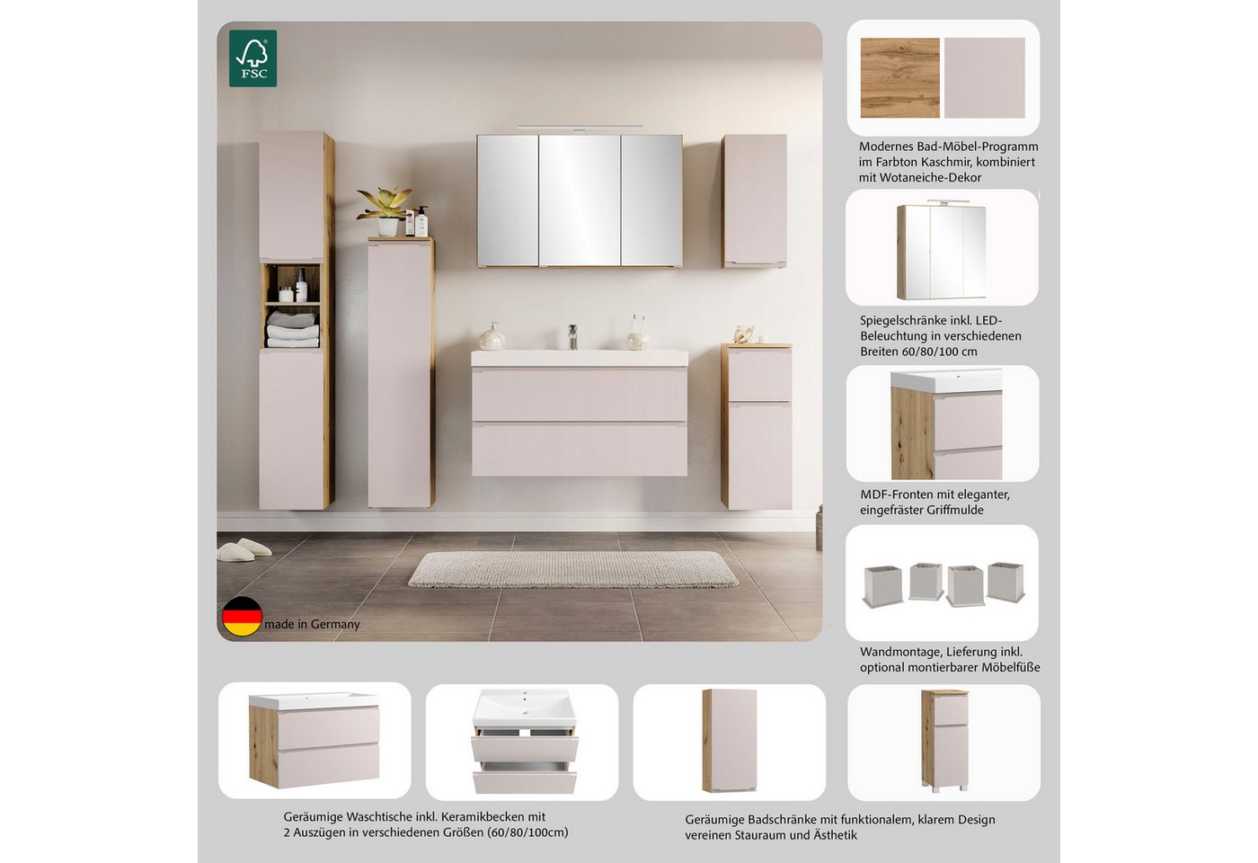 welltime Waschtisch CABO, Waschtisch, Kaschmir, griffloses Design Bild 5