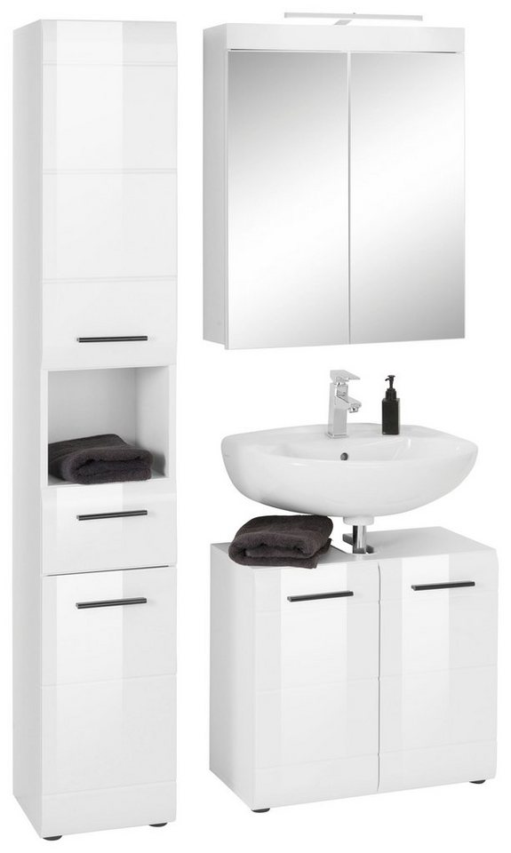 welltime Badmöbel-Set Sovana, (Set, 3-St), Badezimmermöbel - Spiegel mit Beleuchtung, Hochschrank und Waschtisch Bild 2