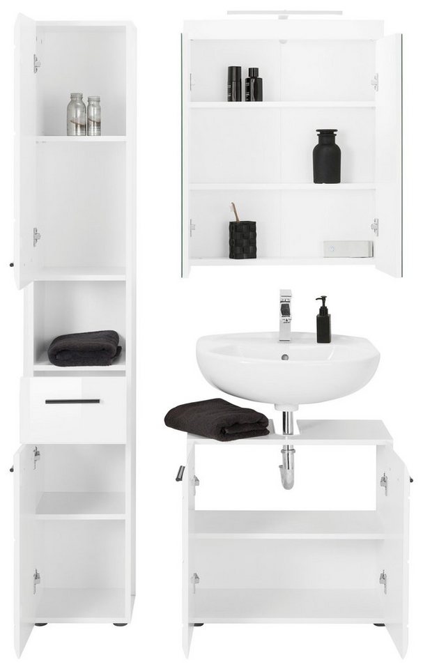 welltime Badmöbel-Set Sovana, (Set, 3-St), Badezimmermöbel - Spiegel mit Beleuchtung, Hochschrank und Waschtisch Bild 3