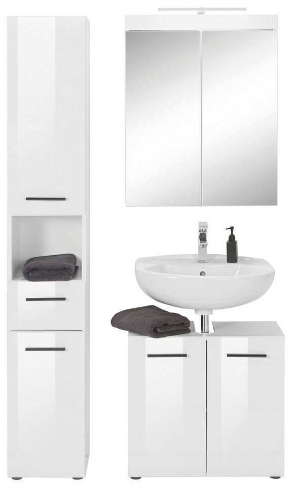 welltime Badmöbel-Set Sovana, (Set, 3-St), Badezimmermöbel - Spiegel mit Beleuchtung, Hochschrank und Waschtisch Bild 4