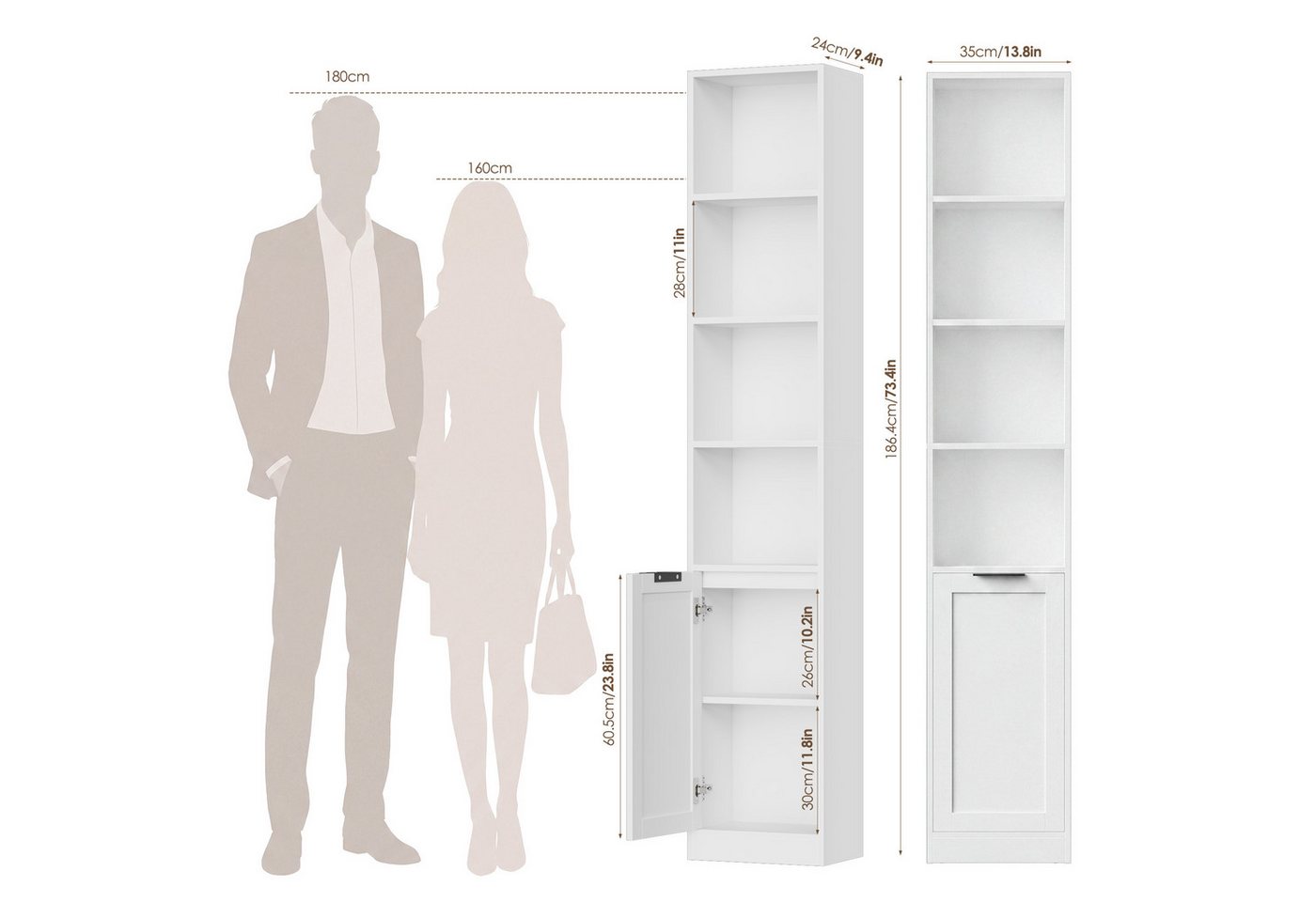 Homfa Bücherregal mit 6 Ebenen Bücherschrank Standregal mit Tür Eckregal weiß, Hochschrank, Billy Regal für Wohnzimmer Homeoffice Bad, 35x24x186,4 cm Bild 2