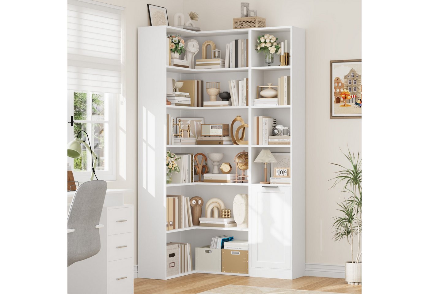 Homfa Bücherregal mit 6 Ebenen Bücherschrank Standregal mit Tür Eckregal weiß, Hochschrank, Billy Regal für Wohnzimmer Homeoffice Bad, 35x24x186,4 cm Bild 3