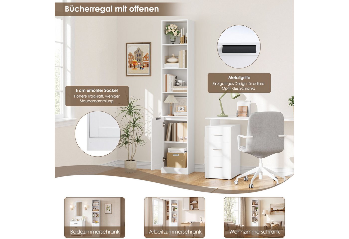 Homfa Bücherregal mit 6 Ebenen Bücherschrank Standregal mit Tür Eckregal weiß, Hochschrank, Billy Regal für Wohnzimmer Homeoffice Bad, 35x24x186,4 cm Bild 4