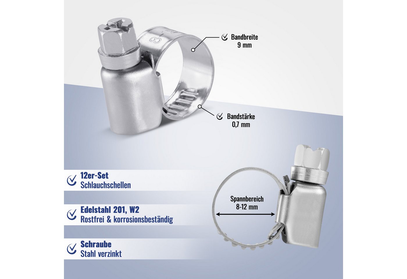 Poppstar Schlauchschelle Edelstahl Schlauchschellen verstellbar (Bandbreite 9 mm), (Spannbereich 8-12 mm, 12-St), Rohrschellen-Set mit hoher Zugkraft Bild 3