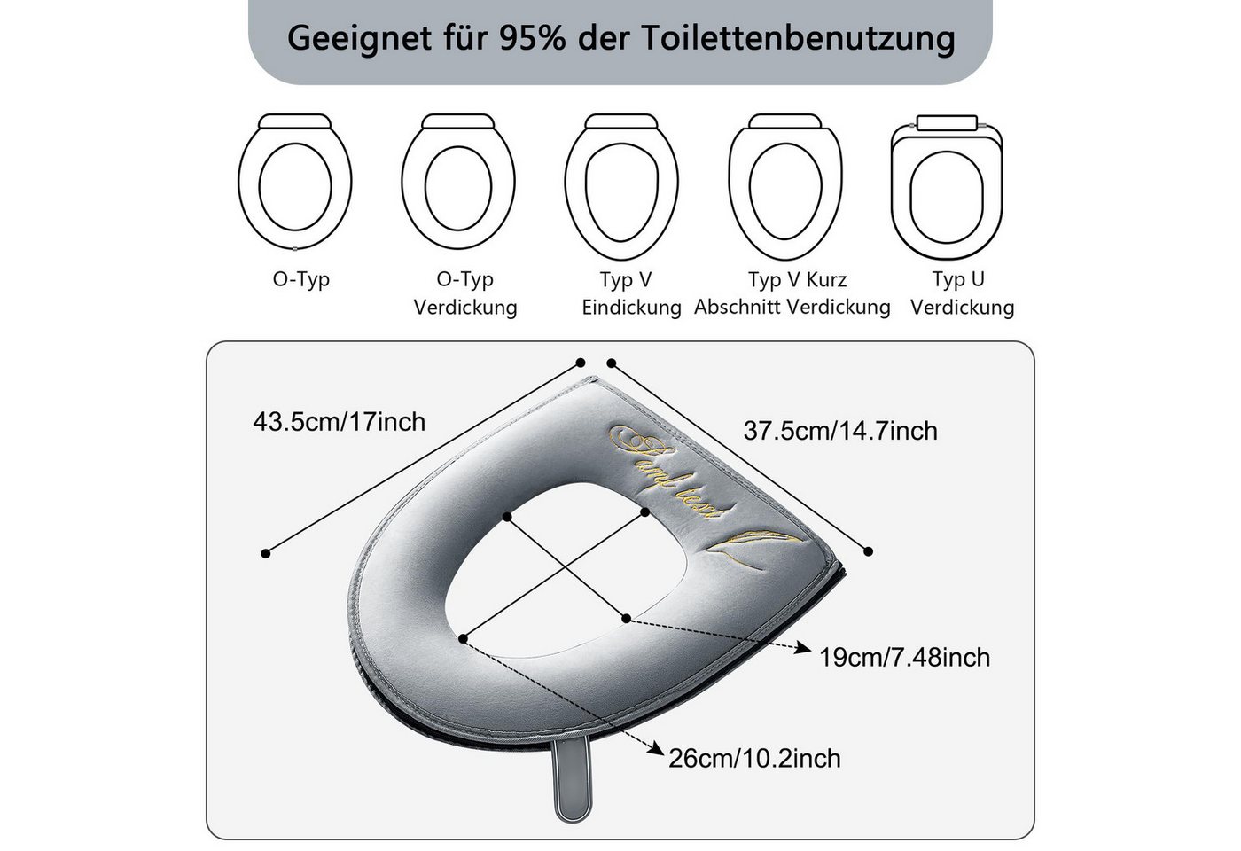 Coonoor WC-Deckelbezug weiche WC-Sitzbezüge mit Griff, Toilettendeckelbezug, Kissen, weich, dicker, waschbar, passend für alle ovalen WC-Sitze Bild 4