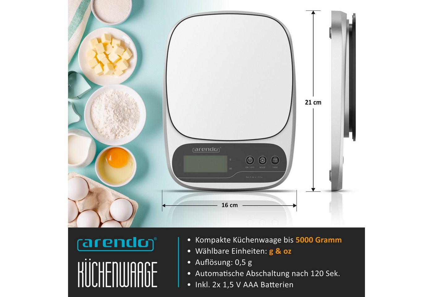 Arendo Küchenwaage Digital, Hold, Edelstahl, bis 5000 g, 1g Auflösung, Digitalwaage, Tara, (1-tlg), Überlastanzeige, automatische Abschaltung, Antirutschfüße, GS, präzise Bild 3