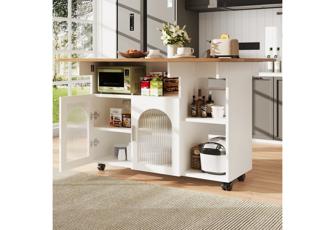 Celya Küchenwagen Kücheninsel, mit Speicherraum, küchenwagen mit rollen, (buffetschrank, Weiß), Abnehmbare Servierwagen buffetschrank, Speisewagen mit Holzmaserung