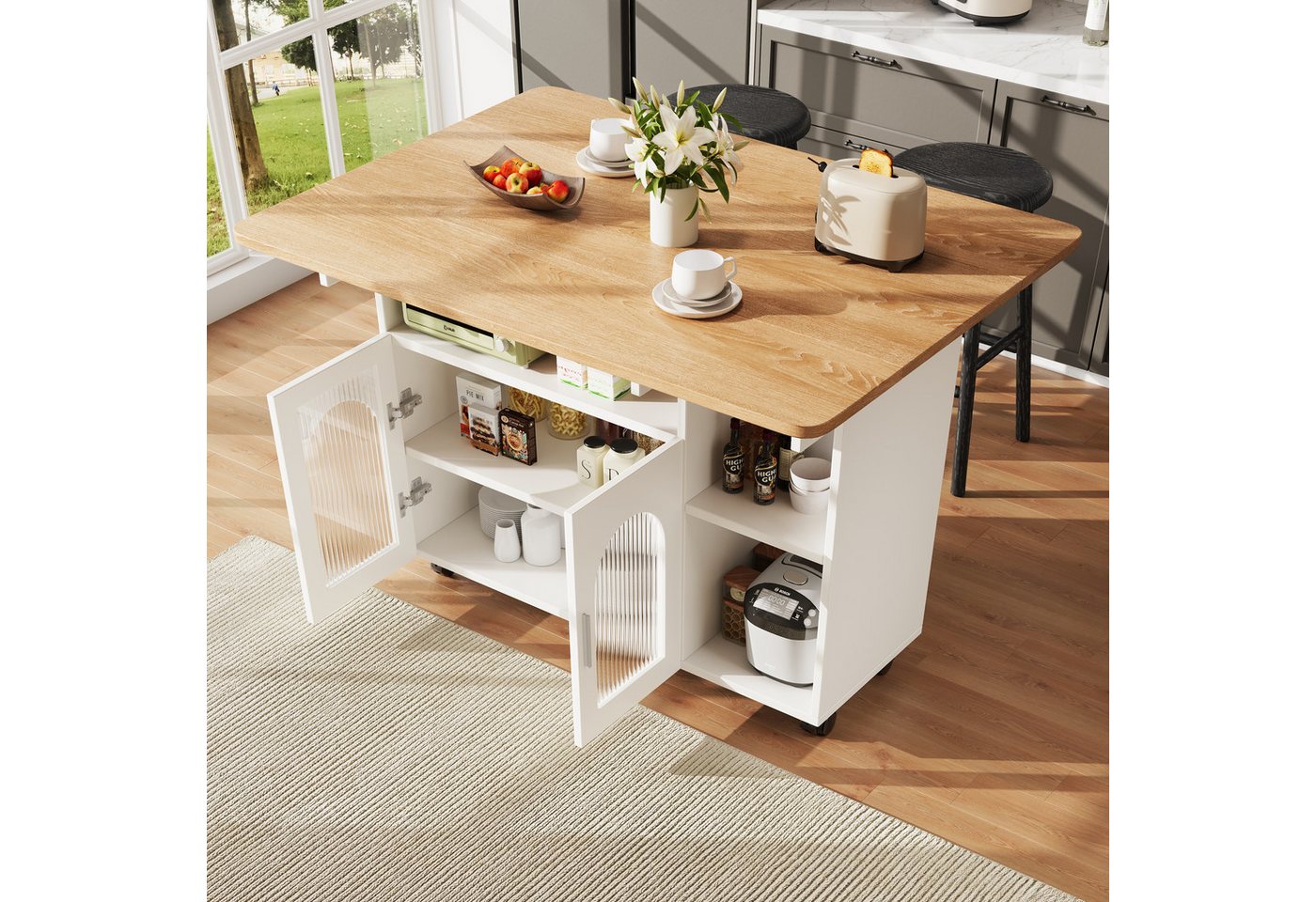 Celya Küchenwagen Kücheninsel, mit Speicherraum, küchenwagen mit rollen, (buffetschrank, Weiß), Abnehmbare Servierwagen buffetschrank, Speisewagen mit Holzmaserung Bild 2