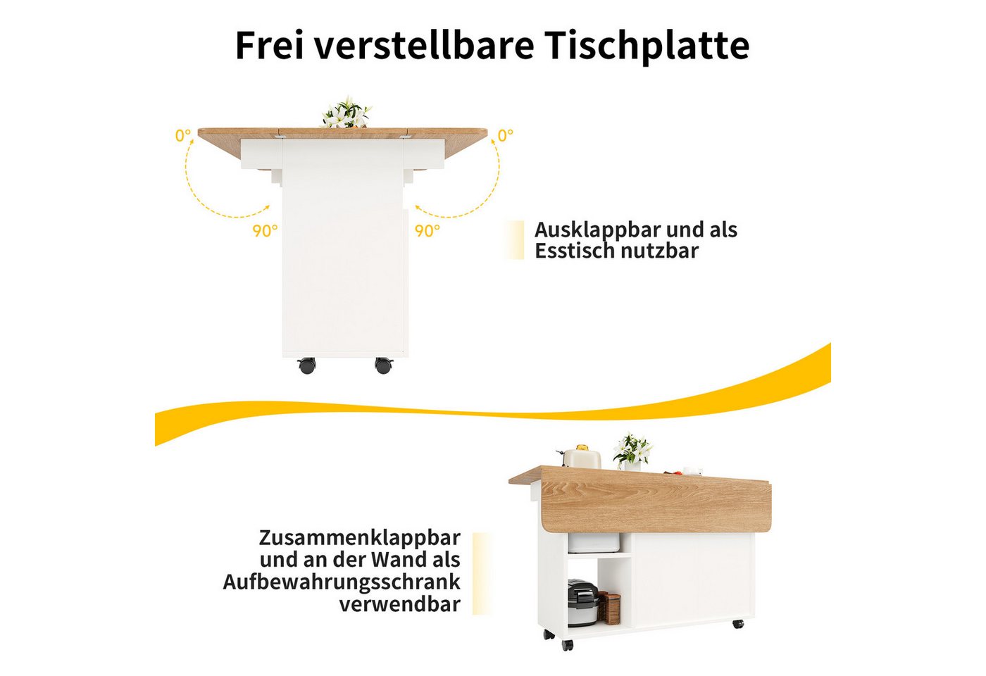 Celya Küchenwagen Kücheninsel, mit Speicherraum, küchenwagen mit rollen, (buffetschrank, Weiß), Abnehmbare Servierwagen buffetschrank, Speisewagen mit Holzmaserung Bild 5