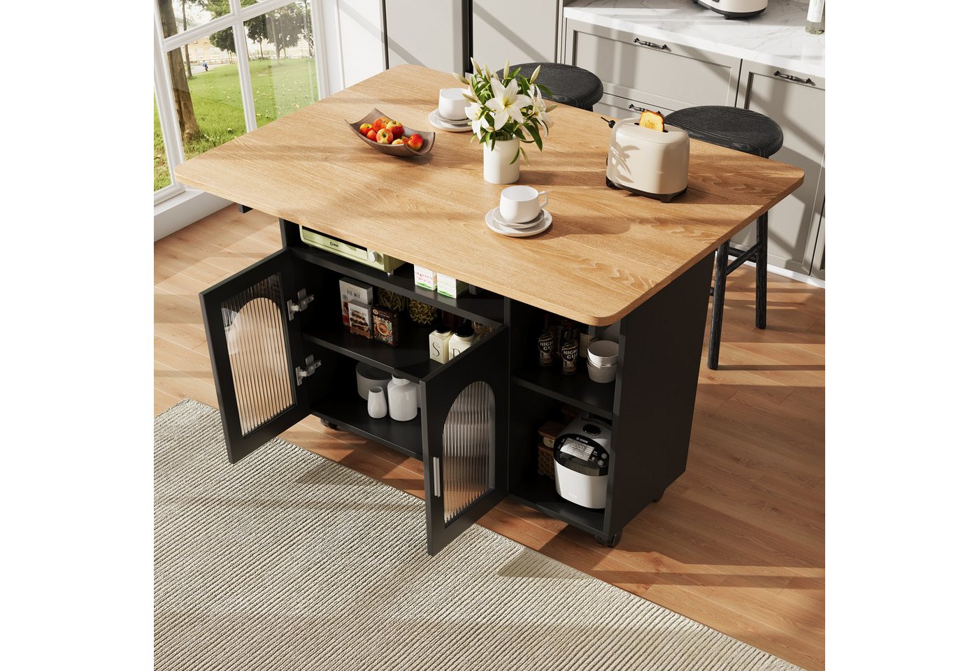 Celya Küchenwagen Kücheninsel, mit Speicherraum, küchenwagen mit rollen, (buffetschrank, Schwarz), Abnehmbare Servierwagen buffetschrank, Speisewagen mit Holzmaserung