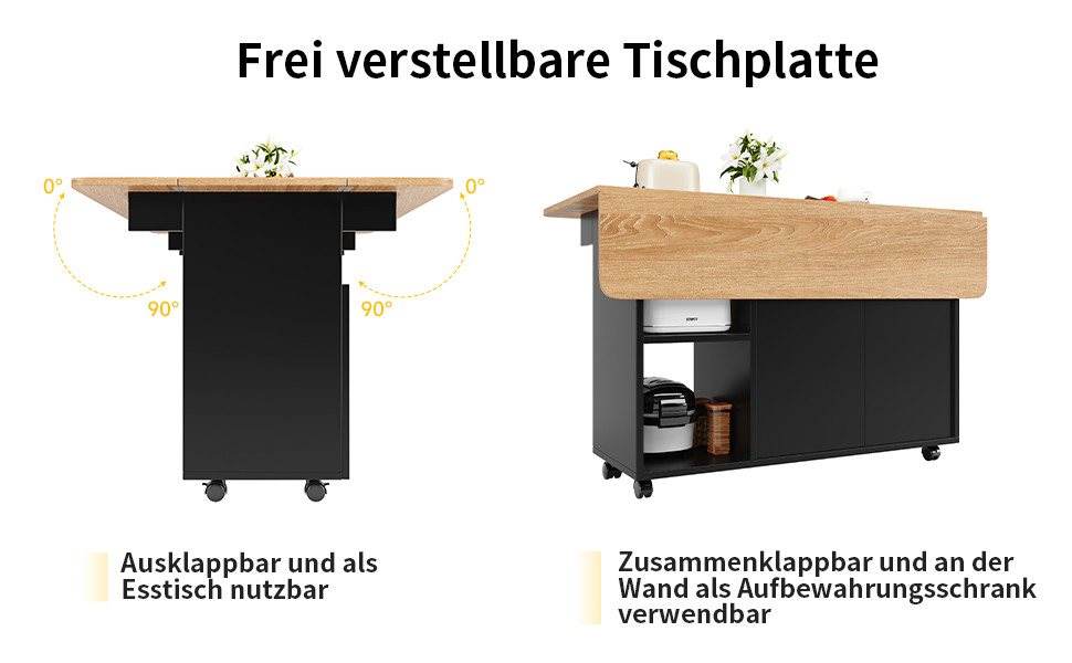 Celya Küchenwagen Kücheninsel, mit Speicherraum, küchenwagen mit rollen, (buffetschrank, Schwarz), Abnehmbare Servierwagen buffetschrank, Speisewagen mit Holzmaserung Bild 3