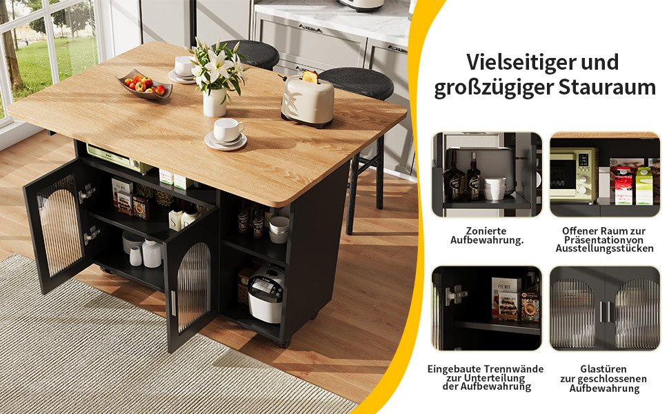 Celya Küchenwagen Kücheninsel, mit Speicherraum, küchenwagen mit rollen, (buffetschrank, Schwarz), Abnehmbare Servierwagen buffetschrank, Speisewagen mit Holzmaserung Bild 4