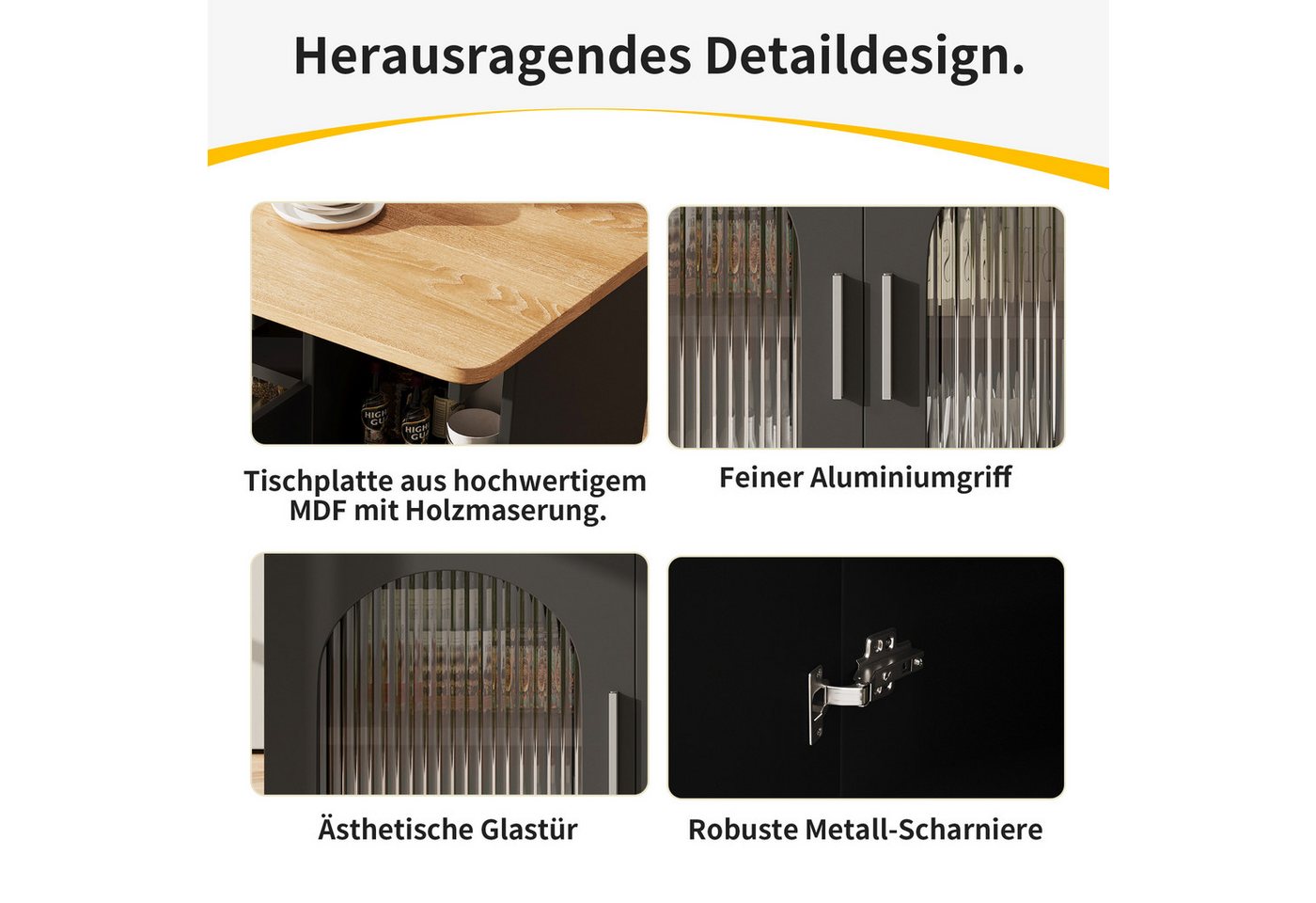 Celya Küchenwagen Kücheninsel, mit Speicherraum, küchenwagen mit rollen, (buffetschrank, Schwarz), Abnehmbare Servierwagen buffetschrank, Speisewagen mit Holzmaserung Bild 5